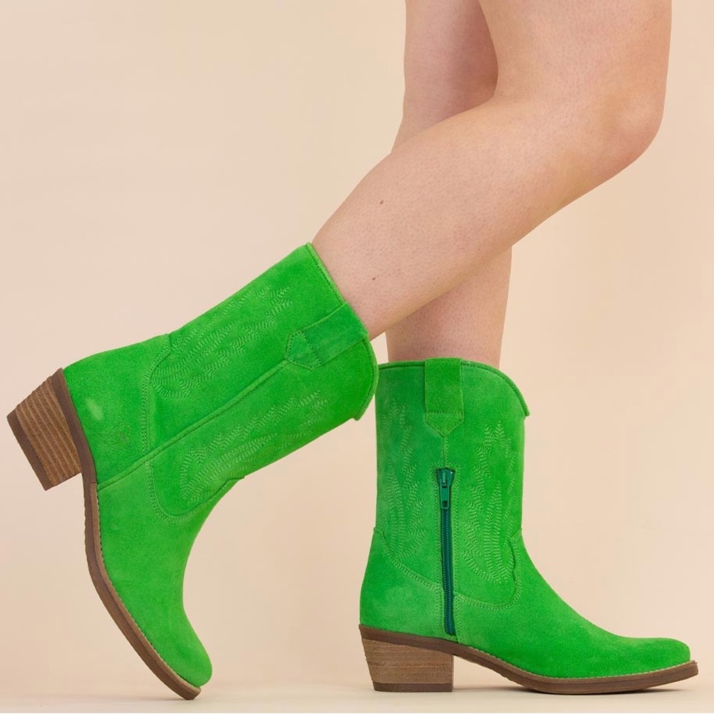Made In Portugal Valery-321 Fabulous Vivid Green Suede Western Cowboy Ankle Boot